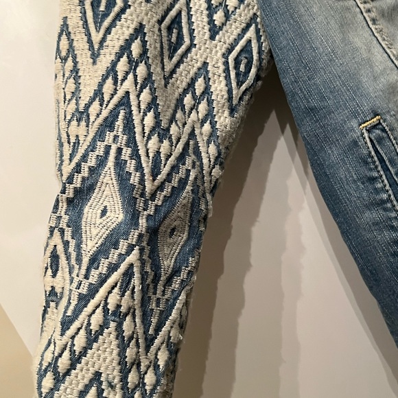 ANTHROPOLOGIE $295 Denim jacket with tapestry sleeves and plaid cuffs. - Picture 6 of 9